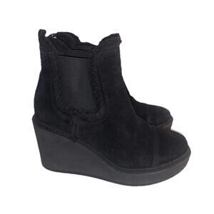 Sam Edelman Sz 9 Black Reagan Suede Faux Leather Wedge Heel Sherpa Lined Pull On